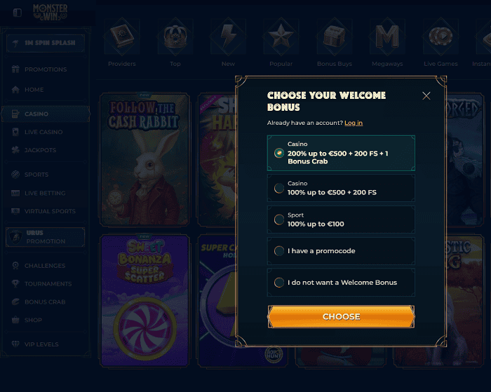 Opening an account at MonsterWin Casino and Sporsbetting 
